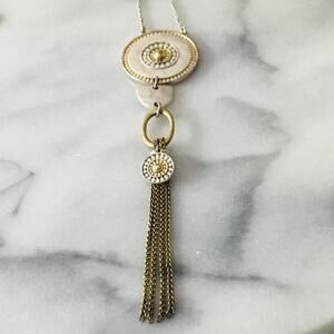 Lucky Brand Long Pendant Necklace - Silver Gold Tone Mixed Metal Tassel - Boho